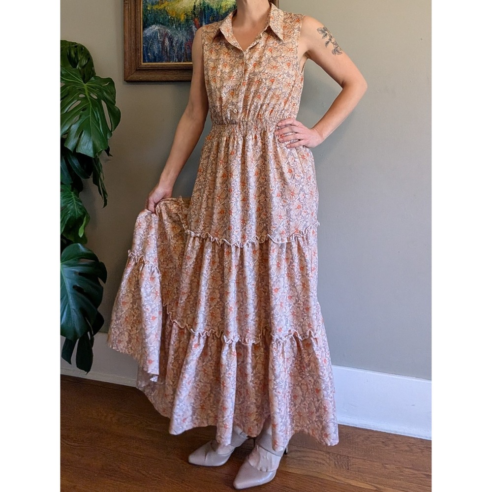 Floral Tiered Maxi Dress M Ruffles Sleeveless Collared‎ Cowgirl Boho Cottagecore